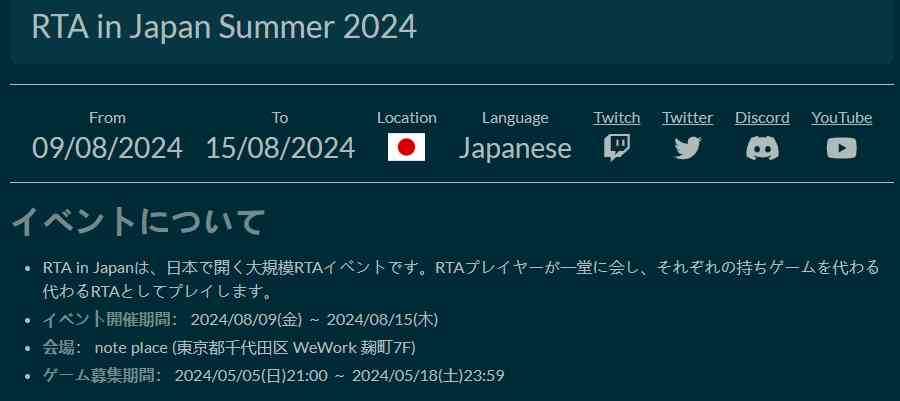 《RTA in Japan Summer 2024》开始招募 8月9日开幕