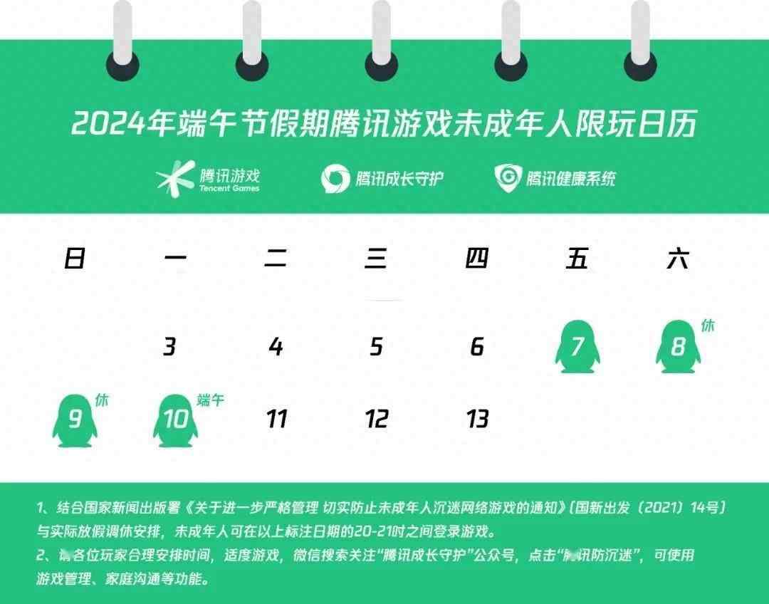 腾讯游戏发布2024年端午节未成年人限玩通知：4天每天1小时